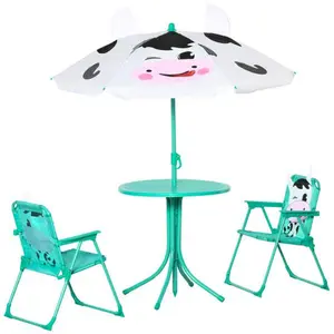 Kids Table and Chair Set, Outdoor Folding Garden Furniture, Picnic Table for Patio Backyard, with Dairy Cow Pattern, Removable & Height Adjustable Sun Umbrella, Aged 3-6 Years Old,White -W2225P152516