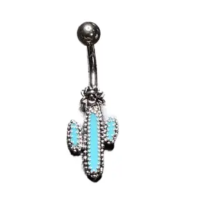 Turquoise Cactus Belly Piercing - Unique Design with Turquoise Center and Silver Accents