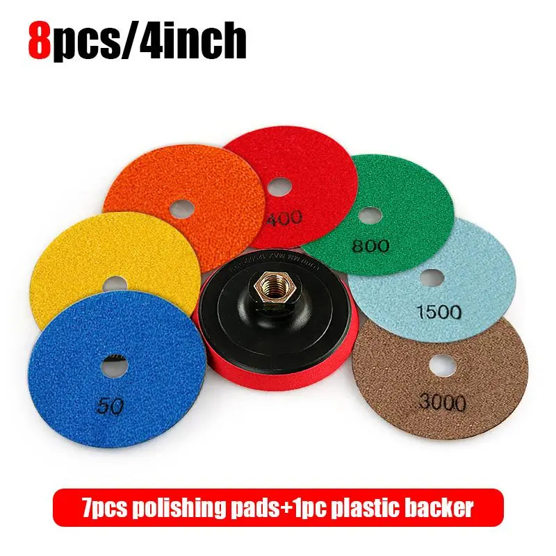 8PCS 4" Diamond Dry Polishing Pads Kit - Heavy Duty 7pcs Polishing Pads & 1pc Plastic Backer for Granite Marble Concrete Stone - Professional Sanding Tool Set