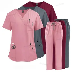 Unisex Professional Scrub Set - V-Neck Top & Drawstring Pants for Medical & Clinical Staff