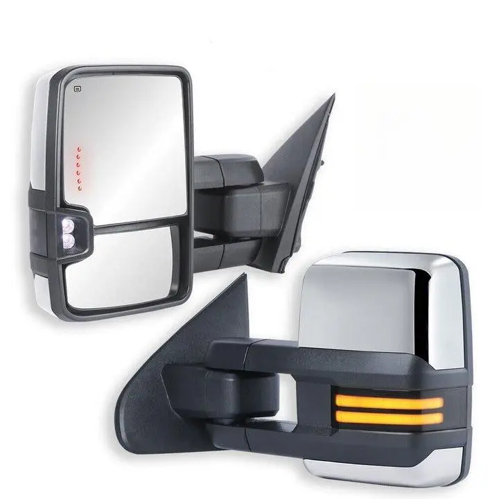 Chrome Power Folding Switchback Tow Mirrors For 2014-2018 Silverado Sierra 1500 w/ White Running Light (Set of 2)
