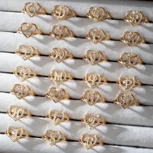 (26 Letters) 1 Piece Bohemian Cute 14K Gold Plated Heart Letter Ring, New Simple Fashion Hollow Heart 26 English Letter Pendant, Women's Initial Letter Ring Pendant,, Mother's Day, Family, Jewelry Her