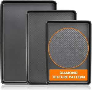 Baking Sheet Pan Set of 3, Nonstick Cookie Sheets for Oven, Heavy Duty Carbon Steel Half & Jelly Roll Pans with Diamond Texture Pattern, 0.8mm Thick Durable Baking Trays