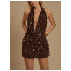 Sequin Sparkly Halter Dress Summer Low Cut Open Back Draped Fringe Going Out Party Dresses