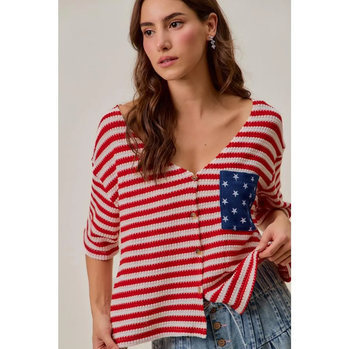SO ME Stripe Waffle Knit Fourth Of July Cardigan Top