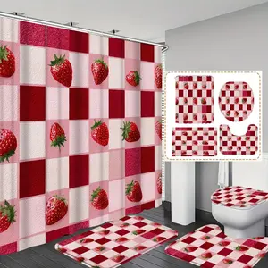 Strawberry Plaid Print Shower Curtain Set, Includes 12 Hooks, Non-Slip Bath Mat, U-Shaped Floor Mat, Toilet Seat Cover, Bathroom Accessories