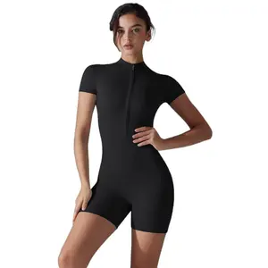Women’s Zip Front Short Sleeve Bodysuit - High Neck Workout Jumpsuit