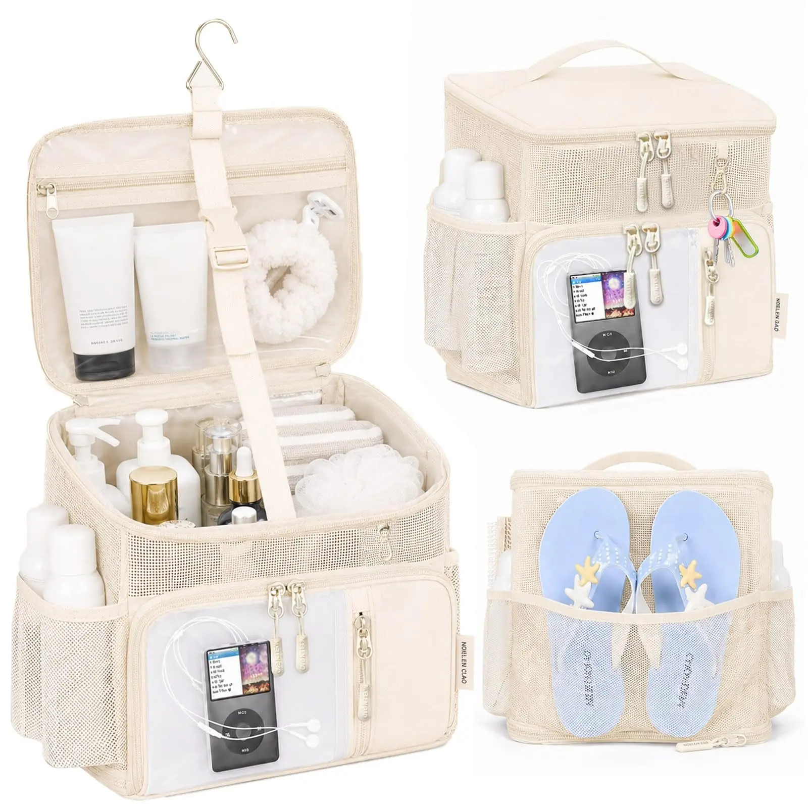 UNIQDESIGN Nylon Waterproof Mesh Quick-Drying Hanging Toiletries Organizer Bag with Zipper and Handle. Practical and portable, suitable for accessible travel essentials. Ideal for travel and university dorm use (beige). Dry storage, dorm inspiration., Org