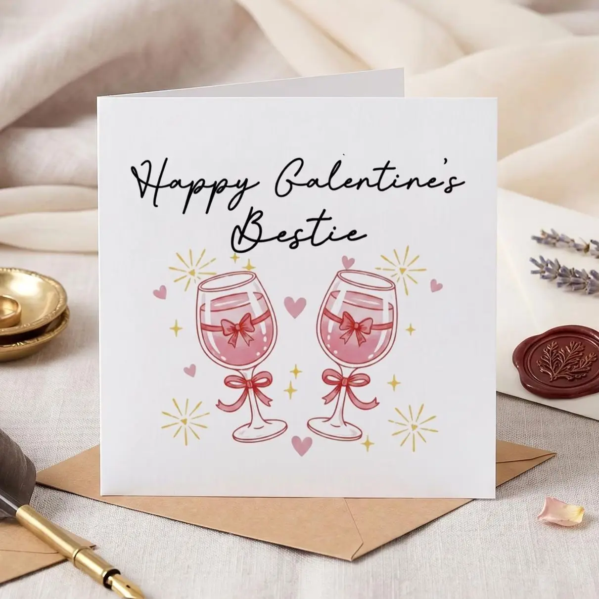 Personalized Galentines Day Card with Champagne Glasses for Best Friend, Cute Bestie Card for Her, Friendship Valentine Greeting Card