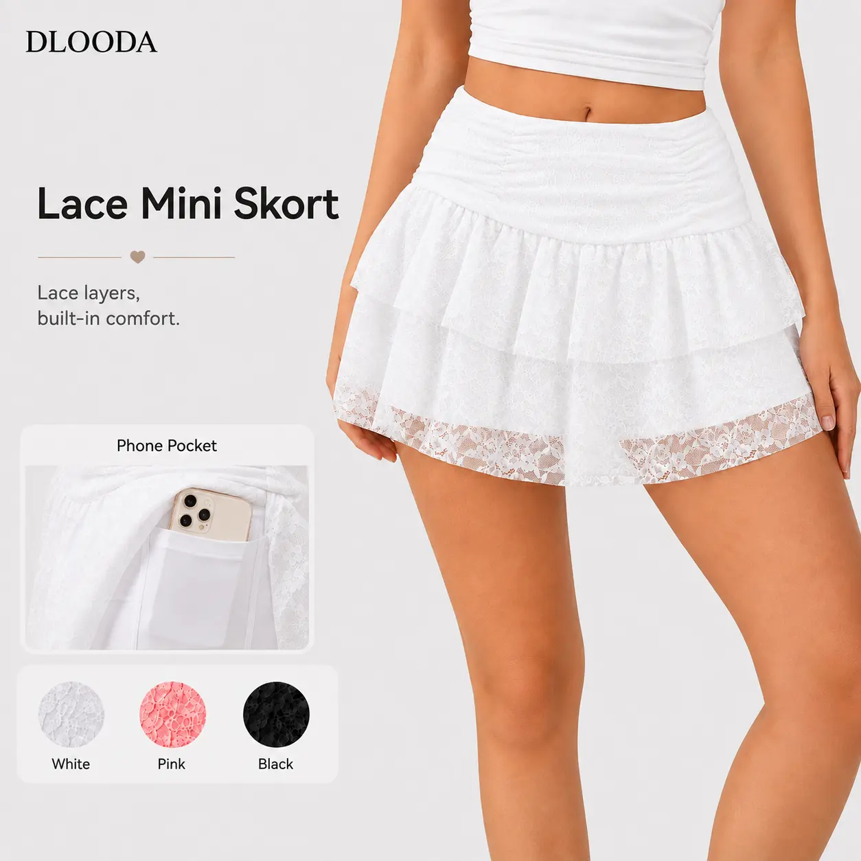 DLOODA Women's Y2K Lace Tiered Mini Skirt - Low Rise, Ruffled, Pleated, Flowy Womenswear Bottom Half Slip Underskirt