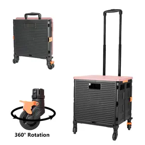 SELORSS BY06S Foldable Utility Cart, Folding Portable Rolling Crate Handcart with Durable Heavy Duty Plastic Telescoping Handle Collapsible 4 Rotate Wheels hand cart for Travel Shopping Moving Luggage Office Use (Black+Pink) storage cart