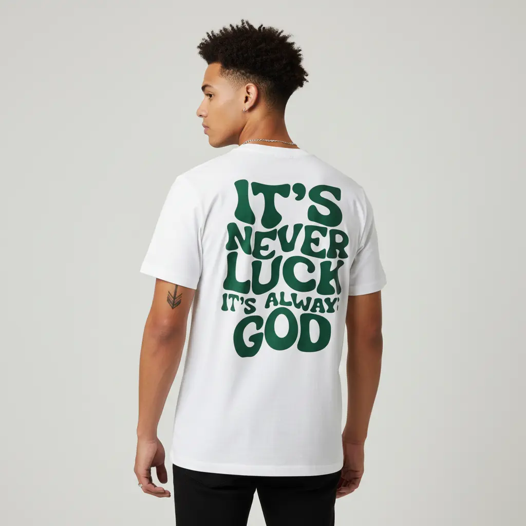 Men's IT'S NEVER LUCK IT'S ALWAYS GOD Graphic T-Shirt - 100% Cotton Short Sleeve Crew Neck Regular Fit Casual Wear | Soft & Breathable Fabric, Durable Print, Everyday Comfort, Machine Washable, casual graphic tee outdoor sports