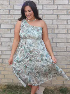 One shoulder Paisley Midi Dress - Mint