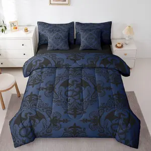 Blue Black Dragon Comforter Set 7 Pieces Jacquard Bedding Set Kids Boys Girls Damask Bed in a Bag with Comforter & Sheets Sets & Cushion Covers Vintage Damask Floral Bedroom Decor