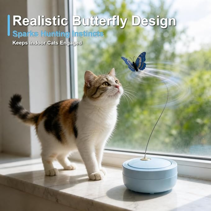 Flutter Butterfly Kitten Enrichment Toy, Interactive Spinning Cat Toy with Touch Sensor, 360° Rotating Butterfly, Indoor Boredom Relief Play Toy for Small Medium Large Cats, Blue