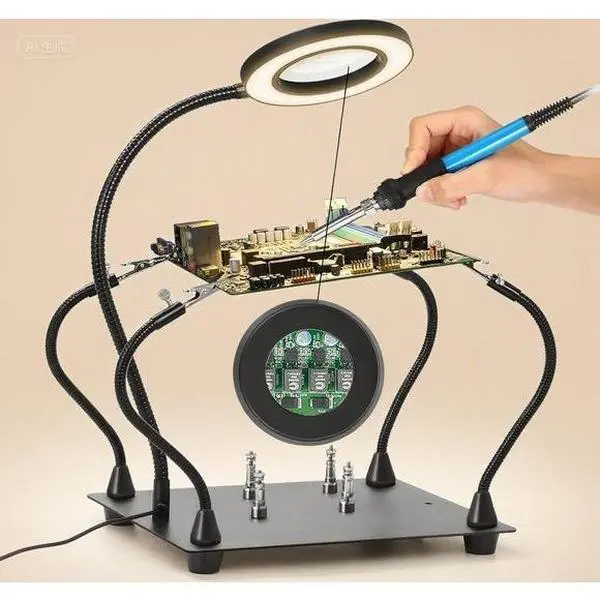 Durable Metal Construction LED 3X Magnifying Glass Soldering Station Tool - 4 Flexible 360-Degree Rotation Arms, Heavy-Duty Circuit Board Holder, Alligator Clips, Non-Slip Base, 3 Light Colors, 10 Brightness Levels for Hobbyists, Jewelry Making, Crafting,