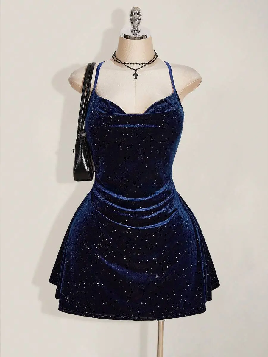 Women's Draped Neck Fitted Glitter Velvet Backless Bodycon Mini Halter Dress Winter