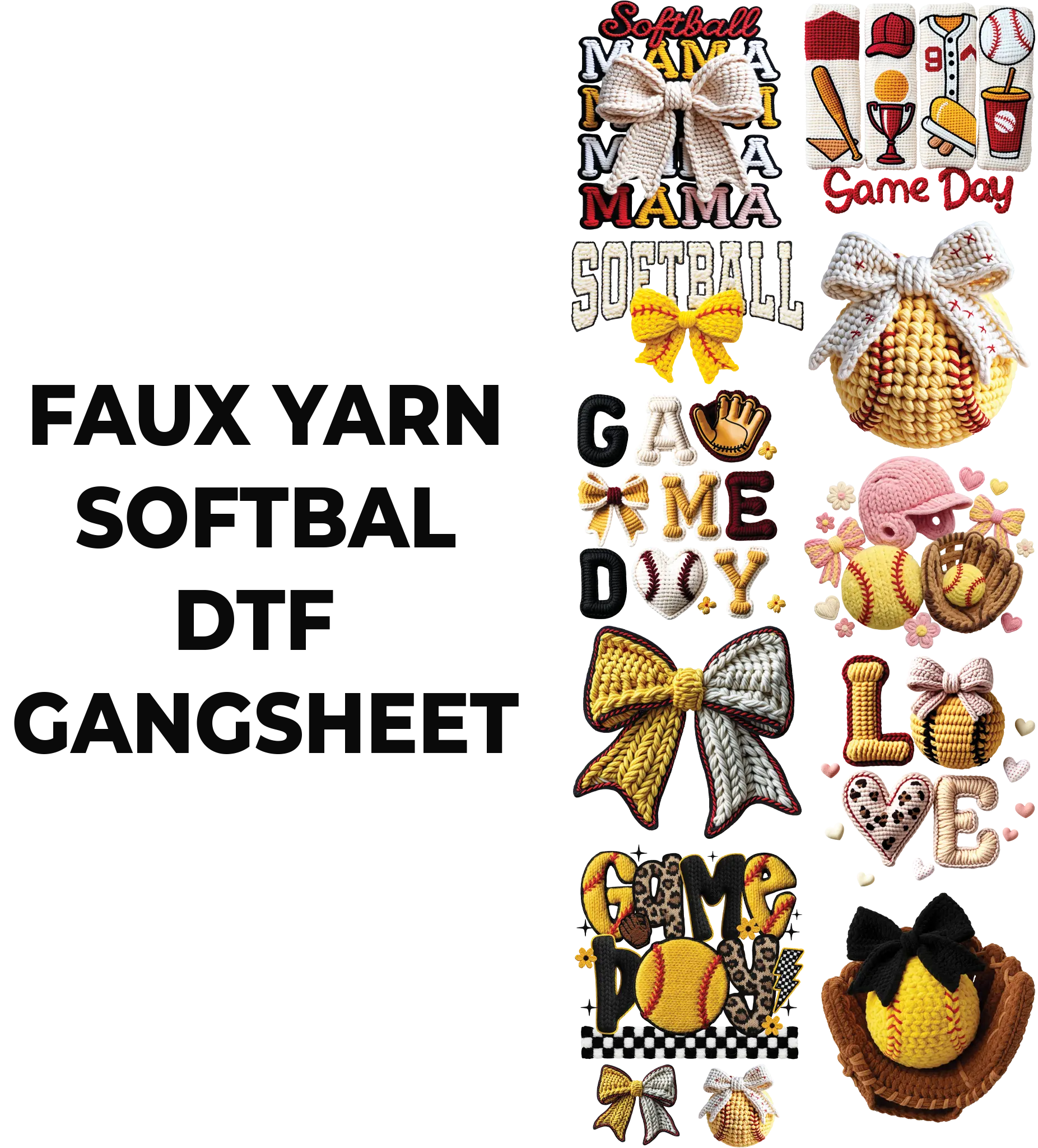 FAUX YARN SOTFBALL DTF GANGSHEET FOR SHIRT MAKING