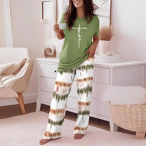CHICME Women's 2 Piece Pajamas Sets Round Neck Short Sleeve Top & Ombre Print Loose Pants Matching Set
