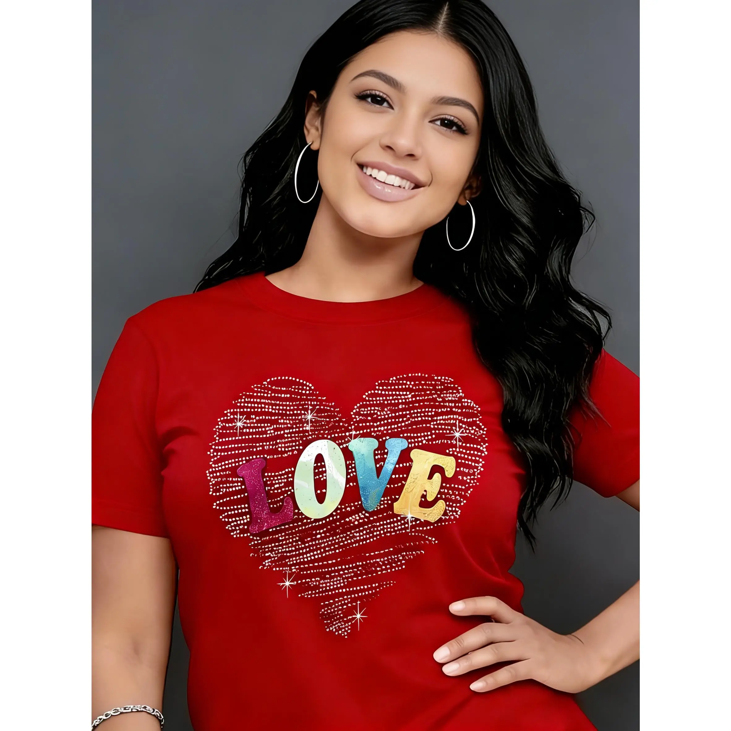 100% Cotton, Heart Sticker Pattern Women's Fashion Casual T-Shirt, Short Sleeve Round Neck Top, Valentine's Day Gift, Birthday Gift, Travel Vacation, Party, Sweet and Elegant