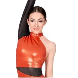 DOUBLE PLATINUM dance Metallic Performance Leotard Orange and  Black Halter Top stage ready dancewear youth Medium CM Sequins Tassel