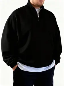 Plus Size Men's Solid Color Zip Half Placket Long Sleeve Loose Casual Classic Hoodie for Fall & Winter, Comfortable Fashion Sweatshirt