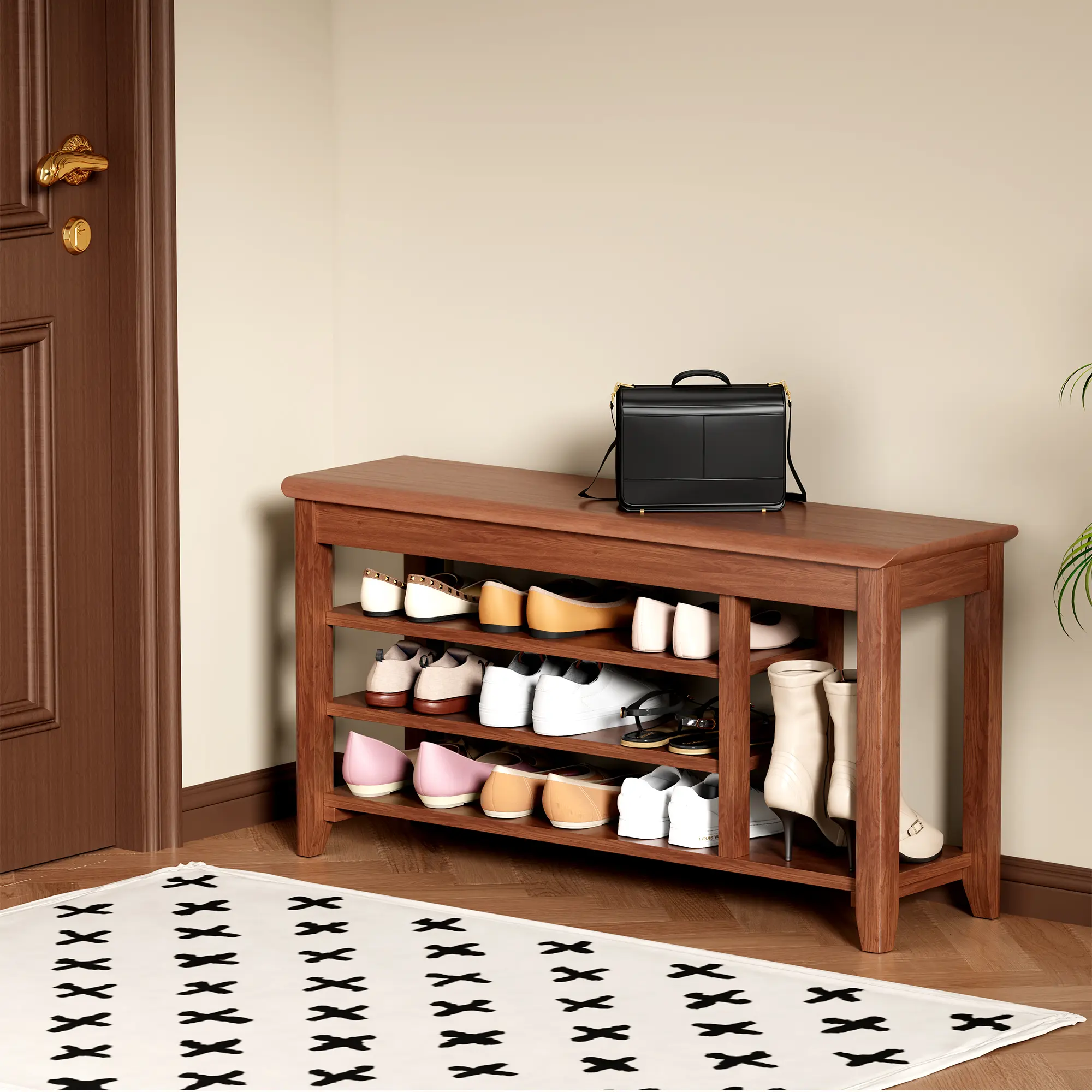 Shoe Rack Bench Seat Rubberwood 3-Tier Wooden Storage Bench 550lbs Compact Mid-Century Modern Design for Entryway, Hallway, Closet, Front Door Entrance, Foyer
