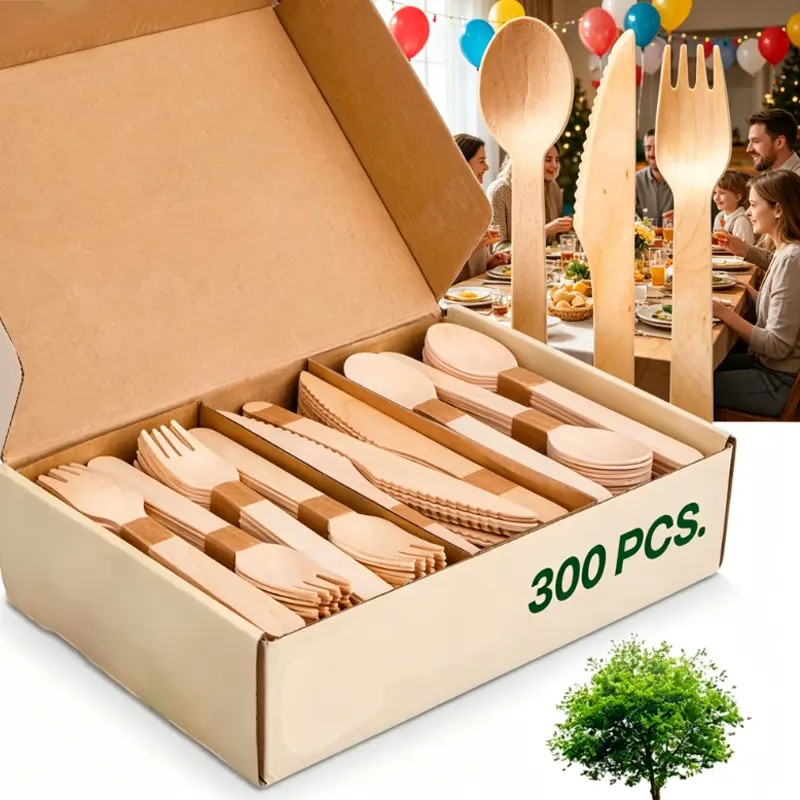 Eco-Friendly Solid Wood Disposable Cutlery Set (300pcs) - Includes Knives and Forks, Ideal for Parties, Weddings, Restaurants, Kitchen Tableware Supplies, Birthdays