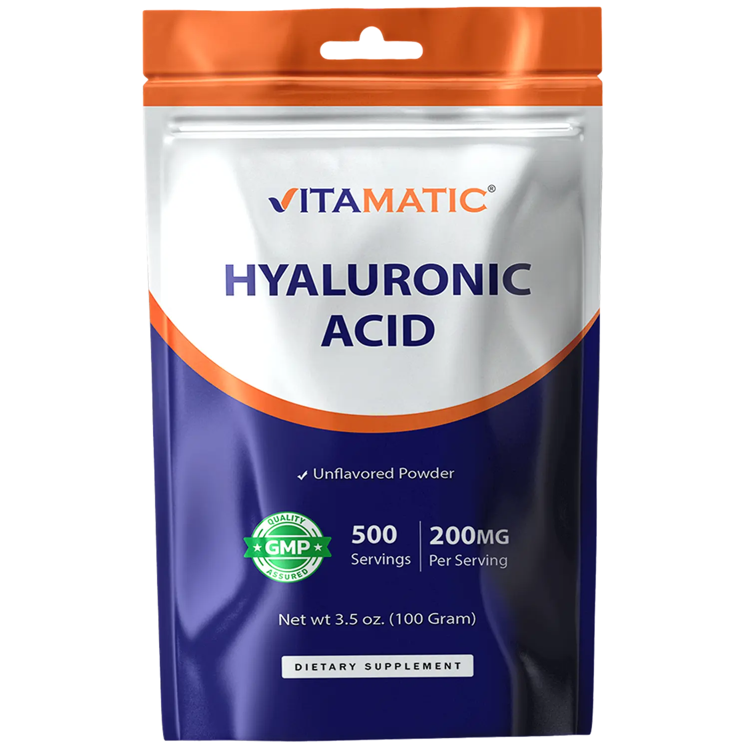 Vitamatic Edible Hyaluronic Acid Powder Dietary Daily Vitamin Supplement - 200mg GMP Certified, 100g Skin Care Support for Hair/Nails, Connective Tissue & Joints (Beauty from Within)
