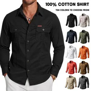 Men’s mid-length pure cotton work shirt, classic lapel collar + double chest pockets, available in suitable for commuting, casual wear, and versatile styling.