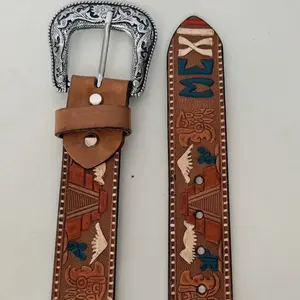 Western Handpainted Genuine Leather Embossed Belt with Changeable Buckle Featuring Unique Mexican Design
