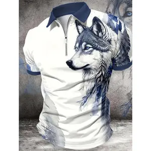 Breathable polyester men’s wolf print shirt | 3D digital printing, summer casual wear, metal details, ML size, sportswear, short sleeves, formal work, micro elastic