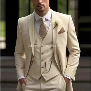 New Beige Suit Men Business Tuxedos Formal 3 Piece Set Jacket Vest Pants Single Breasted Groom Groomsman Prom Wedding Party Menswear Workwear business casual outfits