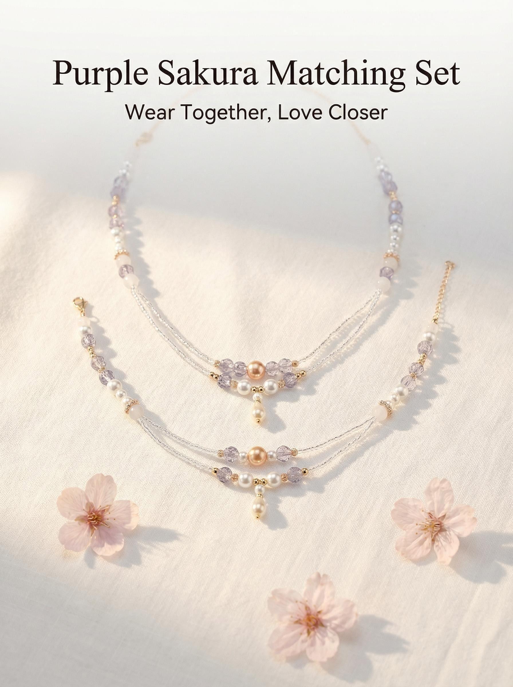 Purple Sakura & Fluffy Whisper Adjustable Pearl Necklace for Owner and Pet Wear