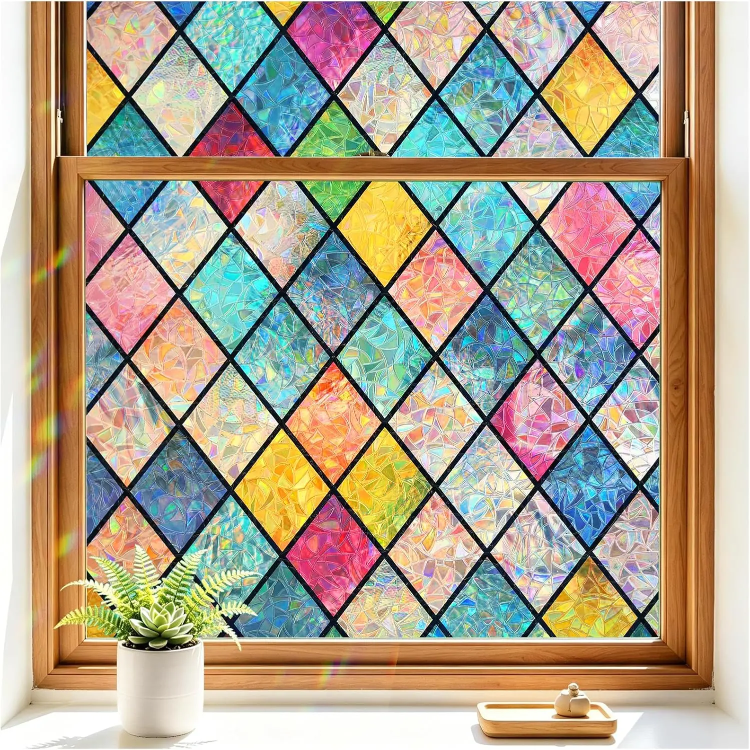 Haton Static Cling Stained Glass Window Film - 3D Rainbow Lattice Decorative Sun Blocking Non-Adhesive Decal for Home Doors, 17.5"x78.7"