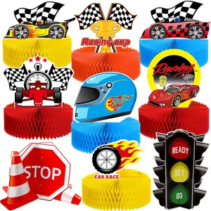 XY-SO02 9 Piece Race Car Party Decorations Race Car Honeycomb Centerpiece Let's Go Racing Theme Party Cake Ball Table Topper 3D Paper Centerpiece Decor for Birthday Baby Shower Supplies Photo