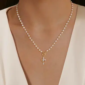 Gold Pearl Beaded Crown Cross Necklace for Women, 4mm Pearls 3mm Beads Dainty Layered Style Jewelry Gift Tahitianpearl