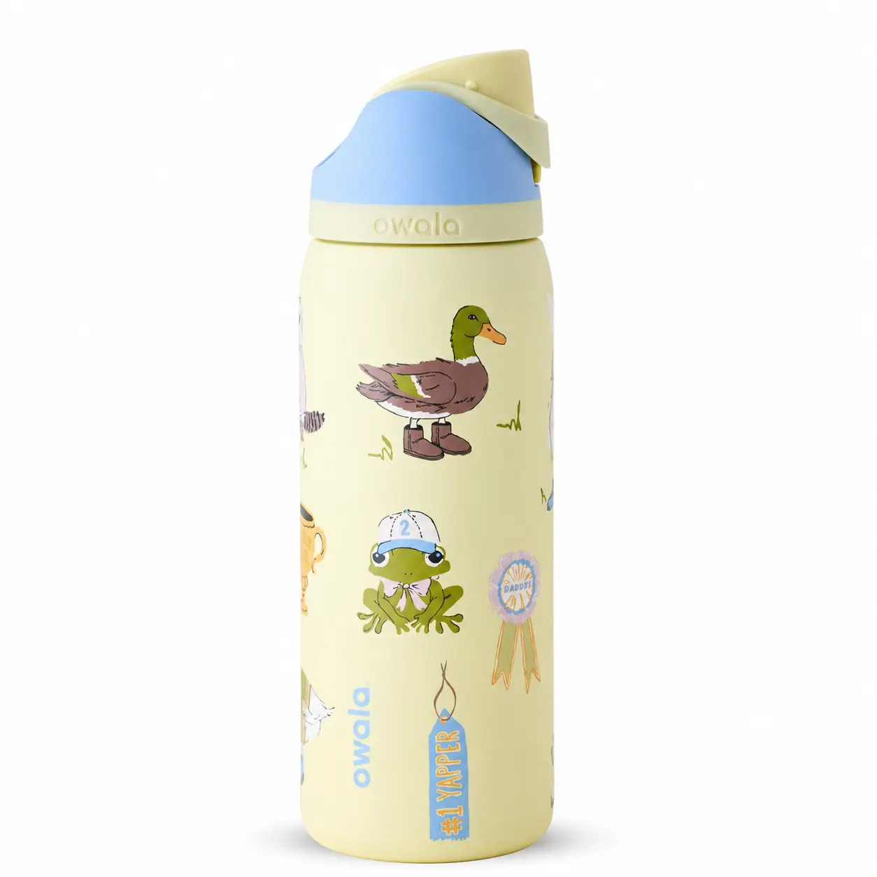 Owala FreeSip 32oz Insulated Reusable Drink Bottle - Portable Modern Stainless Steel Bottle with Straw Lid, Yellow Duck & Frog Print, Leak-Proof for School, Gym, Water Bottle