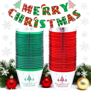 60 count 9 oz Christmas Party Cups, Merry Christmas Plastic Cup,Red and Green Edge Xmas Disposable Clear Cup for Party &Xmas Eve Decoration