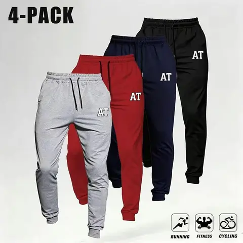 Men’s 4-Pack Casual Loose Joggers - Soft Knit Stretch Fabric Sweatpants with Pockets, Barbell Print, Retro Streetwear Clothing, Autumn Fitness Base Layer, Male Clothing, Fashion Streetwear, Gym Stuff, Sweats