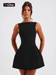 women's solid backless crewneck tank dress, street fashion fit casual smooth fabric sleeveless short dress for daily outdoor wear, ladies dress for summer, teacup dress, vacation dresses, womenswear, summer dresses