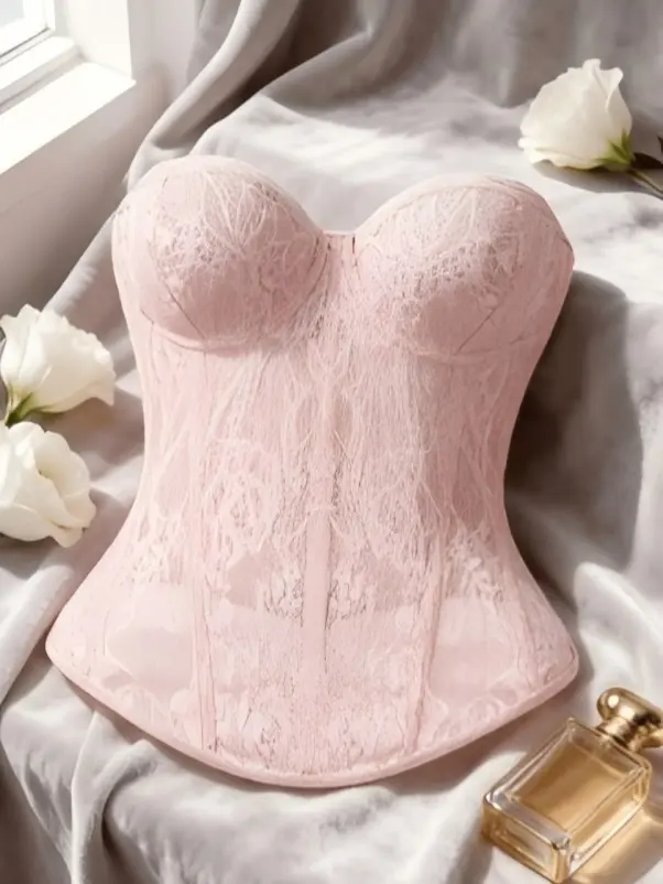 【EasDoing】Women's Strapless Underwire Heart Cup Boned Outerwear Waist Trainer Corset Shapewear Bustier Top - Blush Pink Sheer Lace, Adjustable Lace-Up Back for Daily, Boudoir Use