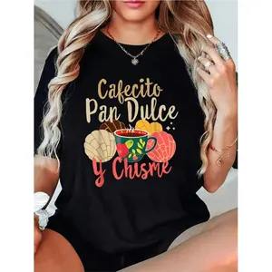 Hispanic Mexican Concha Coffee Cafecito Pan Dulce Y Chisme Graphic Tee For Women Soft Short Sleeve Summer Top Fashionable And Comfortable
