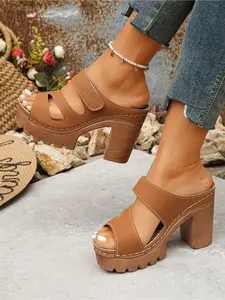 Hollow out double straps, thick soled high-heeled sandals, women's exposed toe waterproof platform, thick heel slippers, retro and versatile, height increasing, one foot casual sandals