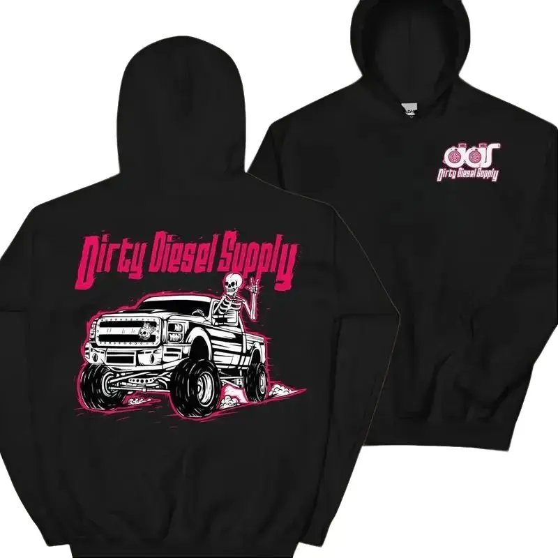 Casual Automotive Theme Pink Diesel Truck Pattern Graphic Hoodie Unisex Long Sleeve Pullover Sweatshirt