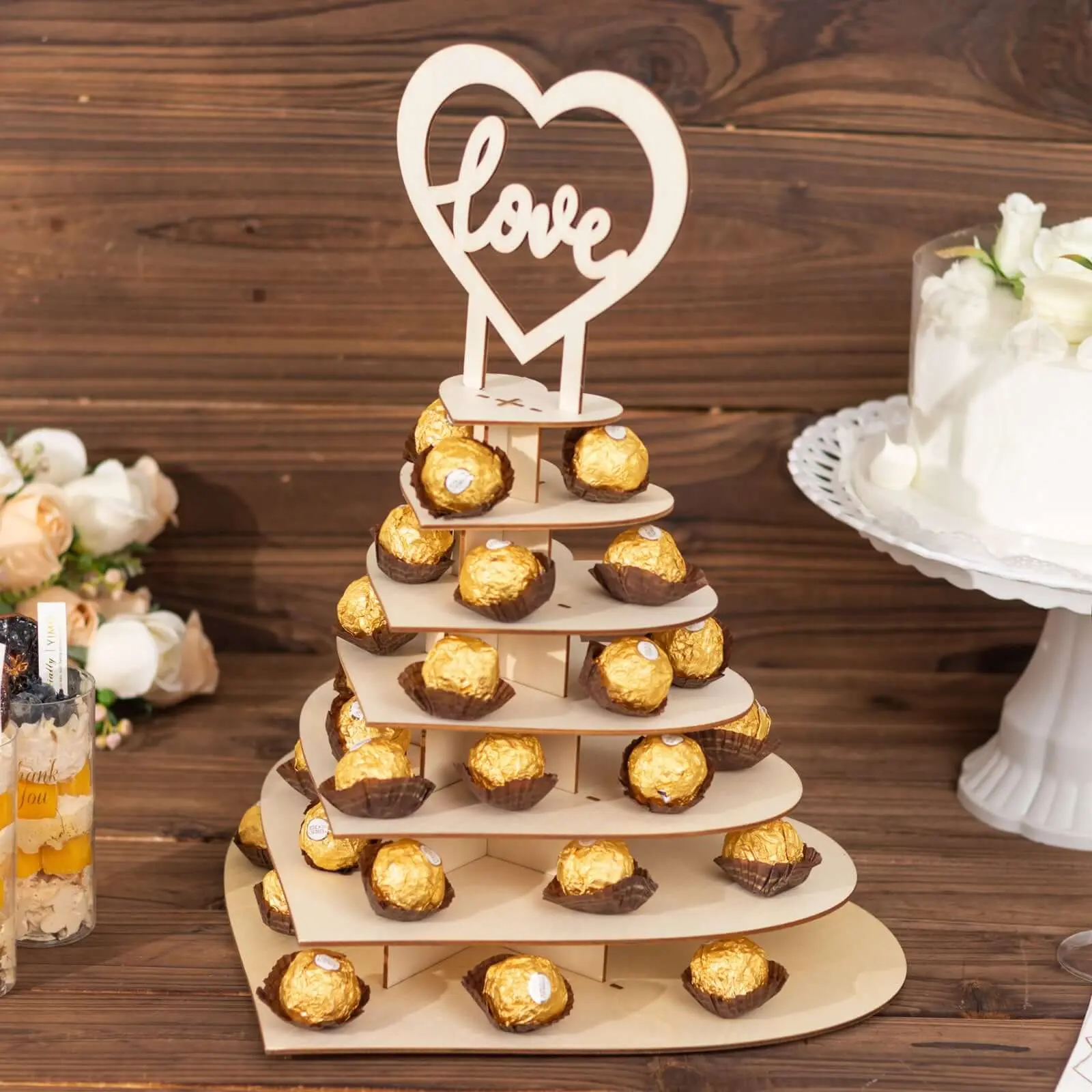 7-Tier Natural Wooden Heart-Shaped Chocolate Display Stand with Love Topper - DIY 16" Dessert Tower Rack, Cake Decor Accessory for Party, Birthday, Wedding, Anniversary (Home & Festive Supplies)