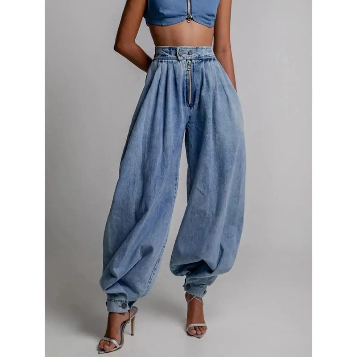 Women's High Waist Pleated Balloon Jeans Baggy Wide Leg Denim