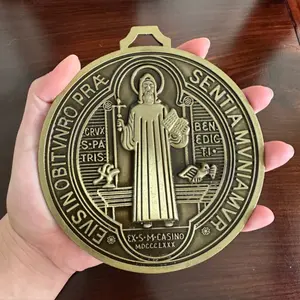 1pc Extra Large 5-Inch St. Benedict Cross Medal, Vintage Brass Tone Finish, Zinc Alloy Pendant for Wall or Desk Display, College Theme Round Medallion