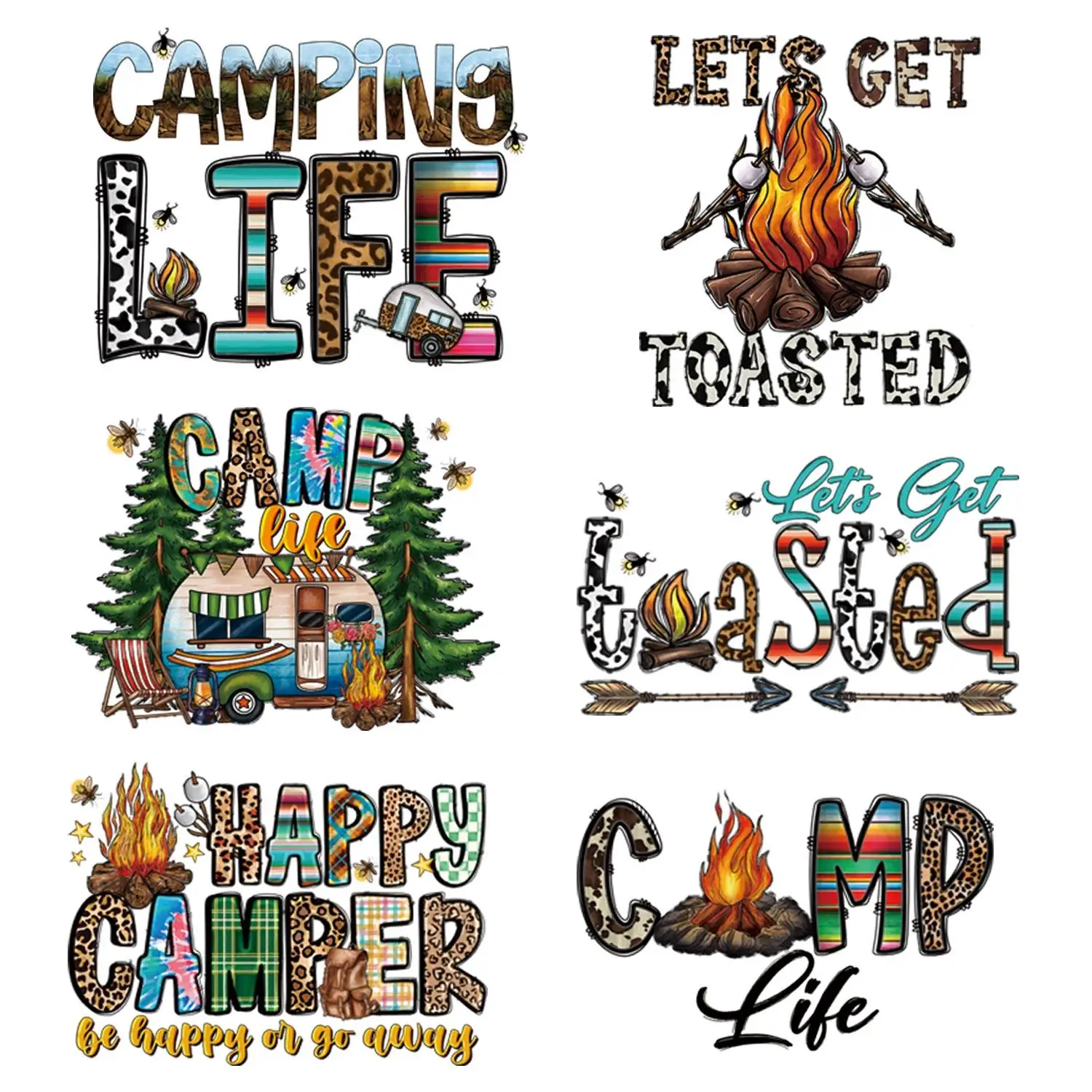 Camping Life Pattern Heat Transfer Sticker, 6pcs Funny Iron on Decal, Iron on Transfer Patch for T-shirt, Jeans, Jacket, Outdoor Camping Lover, Gifts
