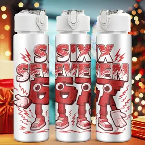 1pc 67 Plastic Water Bottle | Cute Printed Design, White with Iron Red, Black, Flip Top, Reusable, 25oz 750ml Lightweight Leak Proof Portable Travel Drink Bottle, Drinkware, Ideal for Birthday, Christmas, Halloween, Thanksgiving Gifts